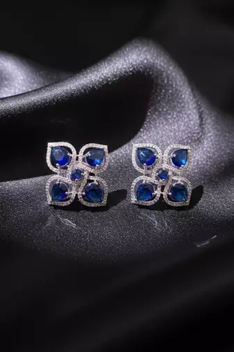 Blue Stone AD Flower Stud Earrings