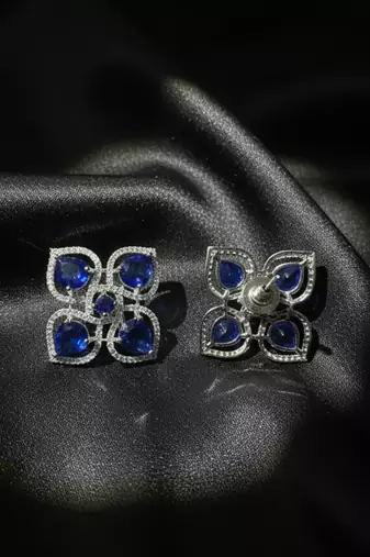 Blue Stone AD Flower Stud Earrings