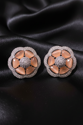 Peach Stone AD Flower Stud Earrings