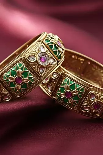 Green & Red Stone Rajwadi Heritage Screw Openable Kada Bangles, Set of 2