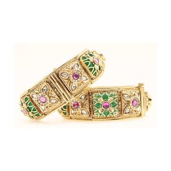 Green & Red Stone Rajwadi Heritage Screw Openable Kada Bangles, Set of 2 3