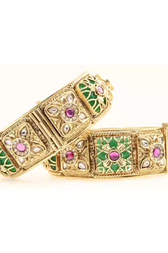Green & Red Stone Rajwadi Heritage Screw Openable Kada Bangles, Set of 2
