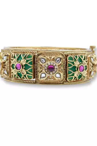 Green & Red Stone Rajwadi Heritage Screw Openable Kada Bangles, Set of 2