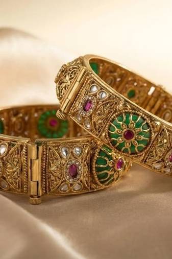 Red & Green Stone Rajwadi Heritage Screw Openable Kada Bangles, Set of 2