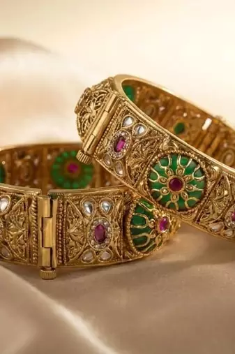Red & Green Stone Rajwadi Heritage Screw Openable Kada Bangles, Set of 2