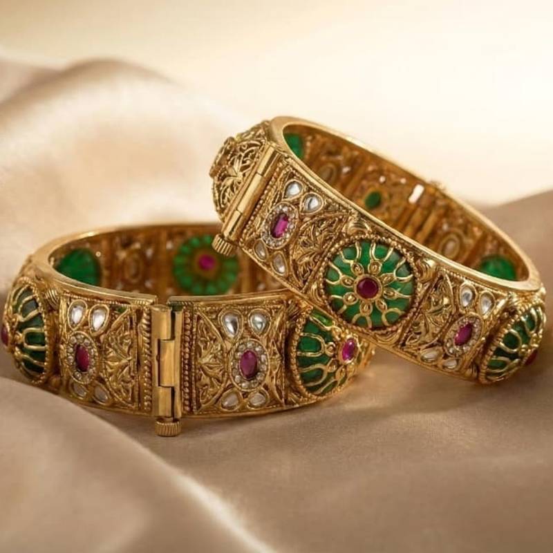 Red & Green Stone Rajwadi Heritage Screw Openable Kada Bangles, Set of 2