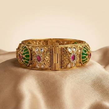 Red & Green Stone Rajwadi Heritage Screw Openable Kada Bangles, Set of 2 2