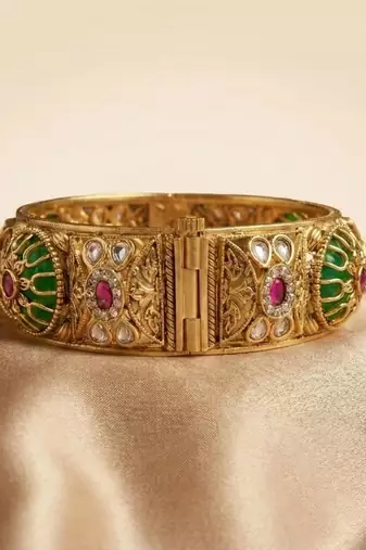 Red & Green Stone Rajwadi Heritage Screw Openable Kada Bangles, Set of 2