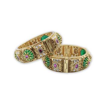 Red & Green Stone Rajwadi Heritage Screw Openable Kada Bangles, Set of 2 3