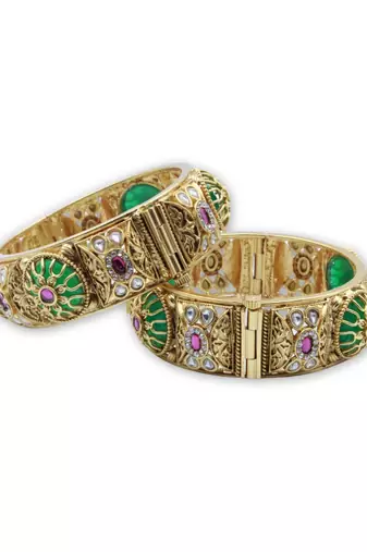Red & Green Stone Rajwadi Heritage Screw Openable Kada Bangles, Set of 2