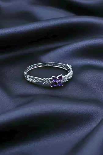AD Studded Purple Stone Floral Design Openable Kada