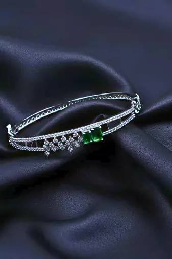 AD Studded Green Stone Floral Design Openable Kada