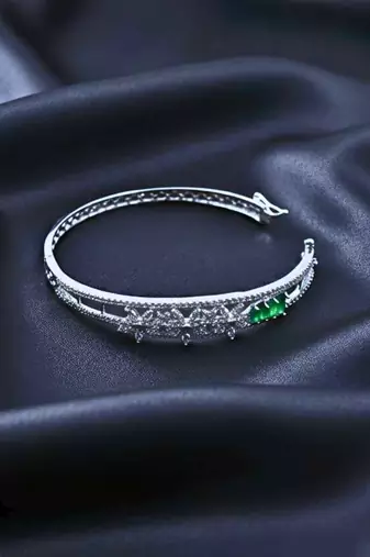 AD Studded Green Stone Floral Design Openable Kada
