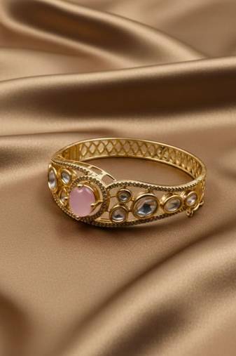 Kundan with Cubic Zircon Studded Pink Stone Openable Kada