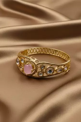 Kundan with Cubic Zircon Studded Pink Stone Openable Kada
