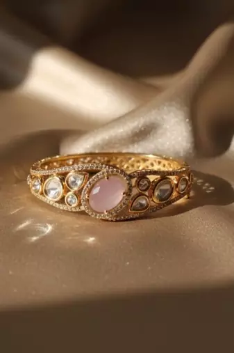 Kundan with Cubic Zircon Studded Pink Stone Openable Kada