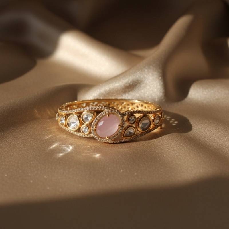 Kundan with Cubic Zircon Studded Pink Stone Openable Kada