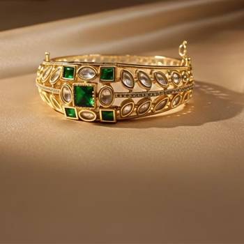 Kundan with Cubic Zircon Studded Green Stone Openable Kada 1