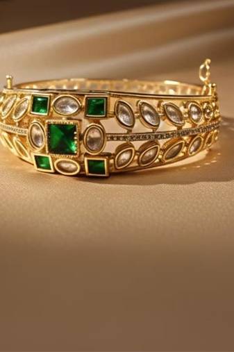 Kundan with Cubic Zircon Studded Green Stone Openable Kada