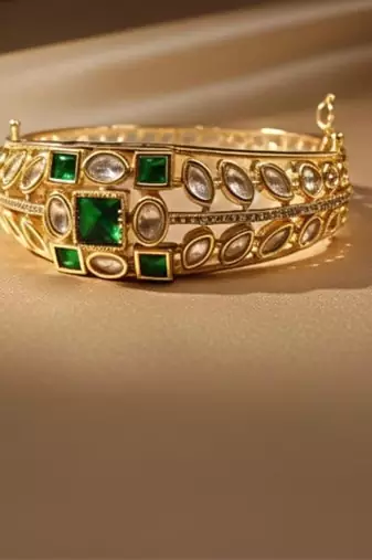 Kundan with Cubic Zircon Studded Green Stone Openable Kada