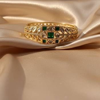 Kundan with Cubic Zircon Studded Green Stone Openable Kada 2