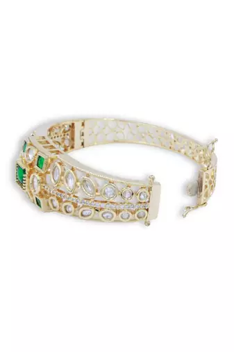Kundan with Cubic Zircon Studded Green Stone Openable Kada