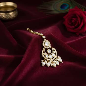 Moissanite Polki Pearl Chandbali Maang Tikka 2