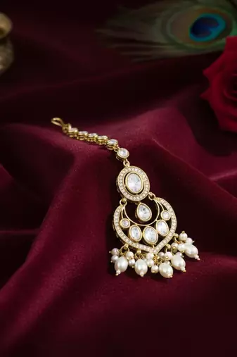 Moissanite Polki Pearl Chandbali Maang Tikka