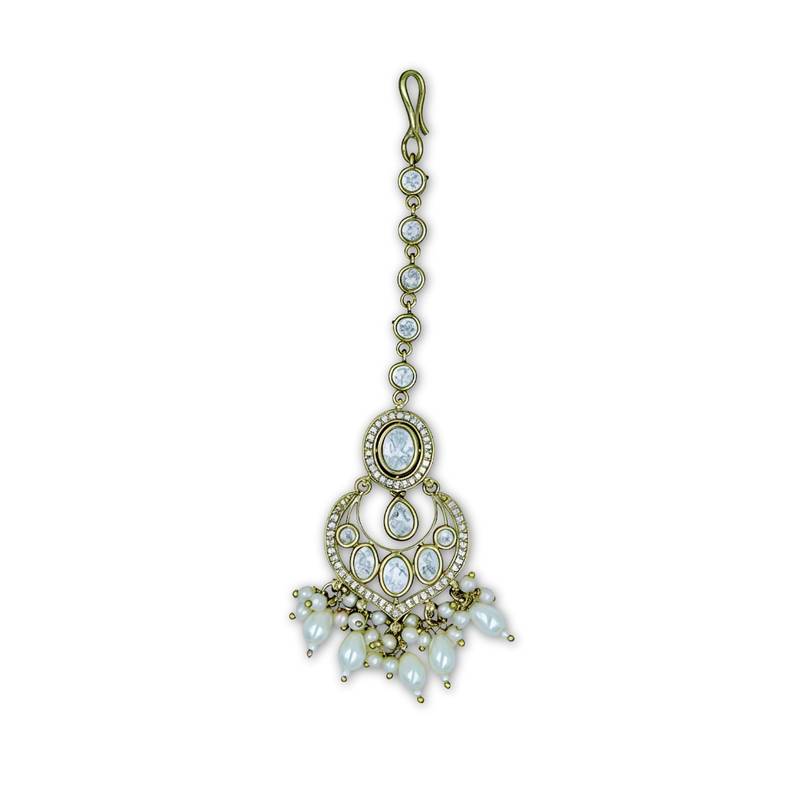 Moissanite Polki Pearl Chandbali Maang Tikka