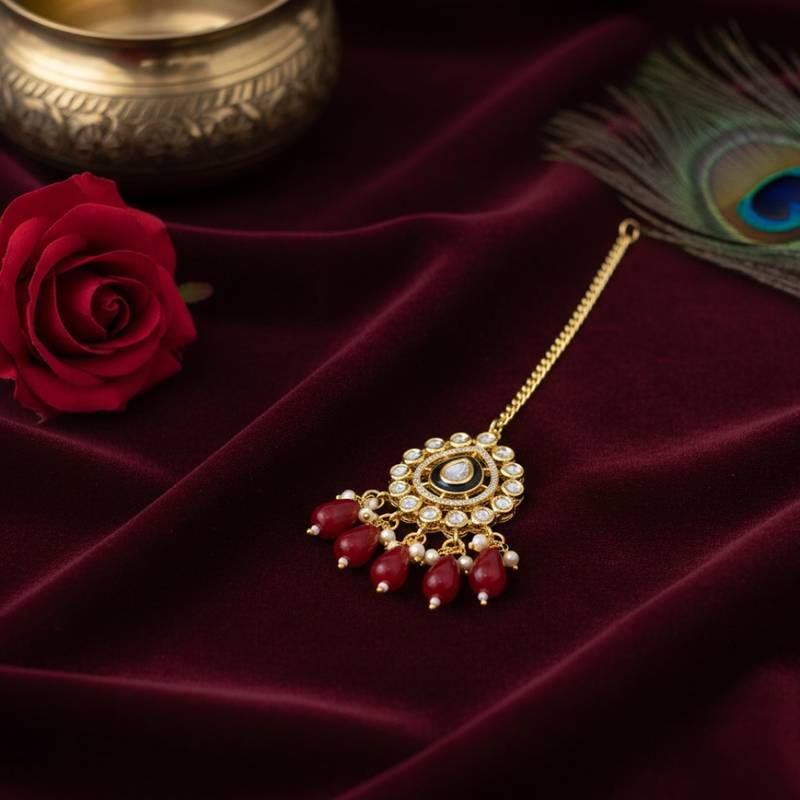 Meenakari Moissanite Kundan Maang Tikka with Red Beads & Pearls