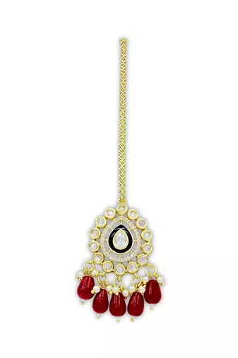 Meenakari Moissanite Kundan Maang Tikka with Red Beads & Pearls