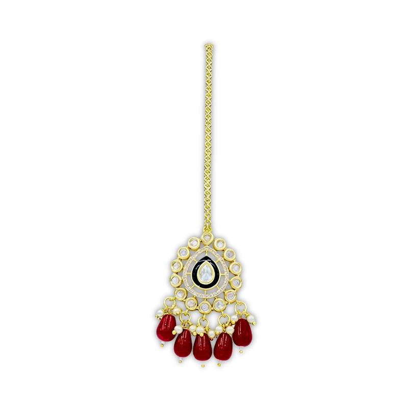 Meenakari Moissanite Kundan Maang Tikka with Red Beads & Pearls