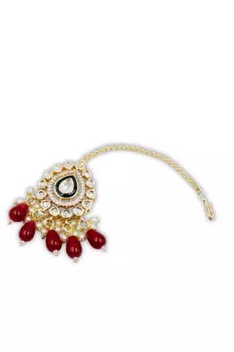 Meenakari Moissanite Kundan Maang Tikka with Red Beads & Pearls