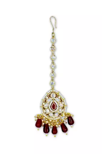 Moissanite Kundan Maang Tikka with Red Beads & Pearls