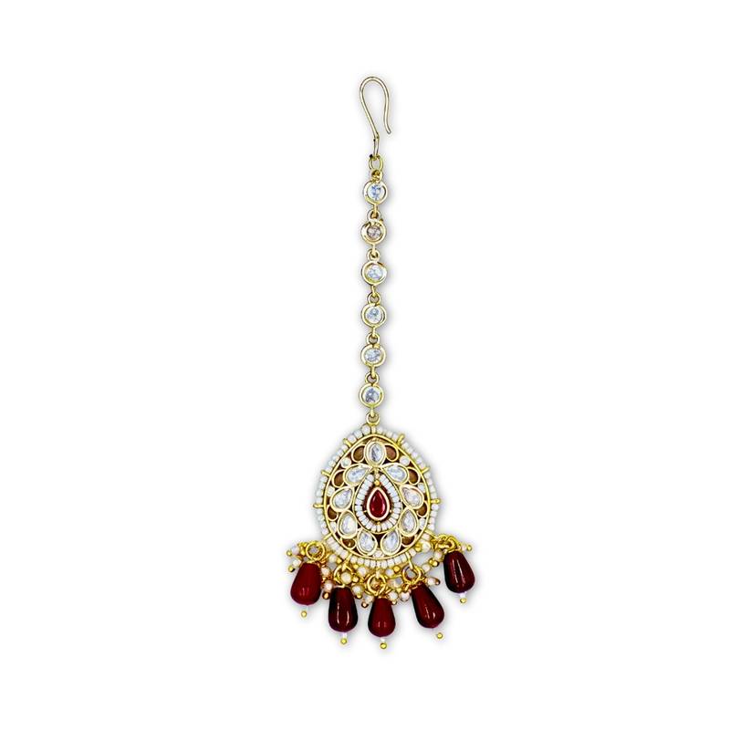 Moissanite Kundan Maang Tikka with Red Beads & Pearls