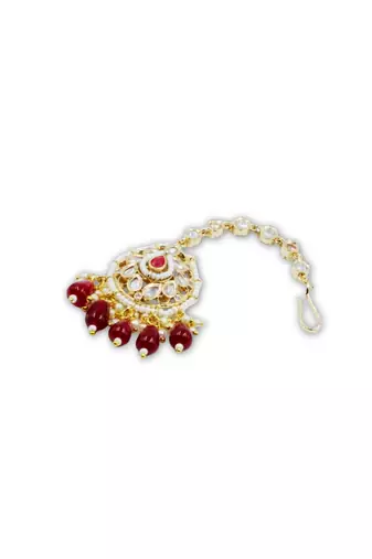 Moissanite Kundan Maang Tikka with Red Beads & Pearls
