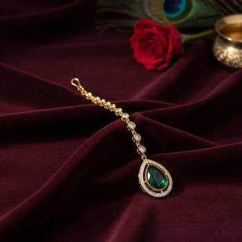 Green Stone Almond-Shaped Maang Tikka with CZ & Pearls 1