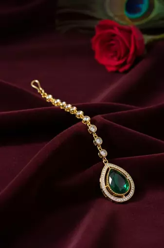 Green Stone Almond-Shaped Maang Tikka with CZ & Pearls