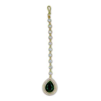 Green Stone Almond-Shaped Maang Tikka with CZ & Pearls 2