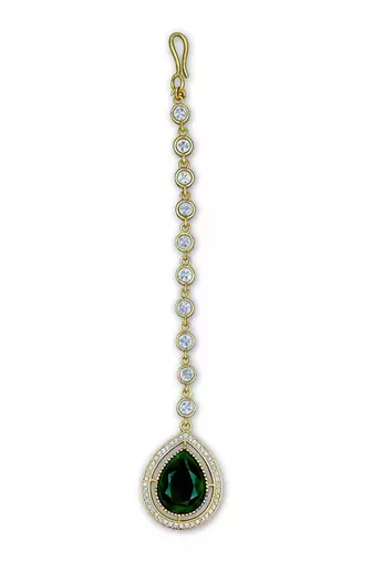 Green Stone Almond-Shaped Maang Tikka with CZ & Pearls
