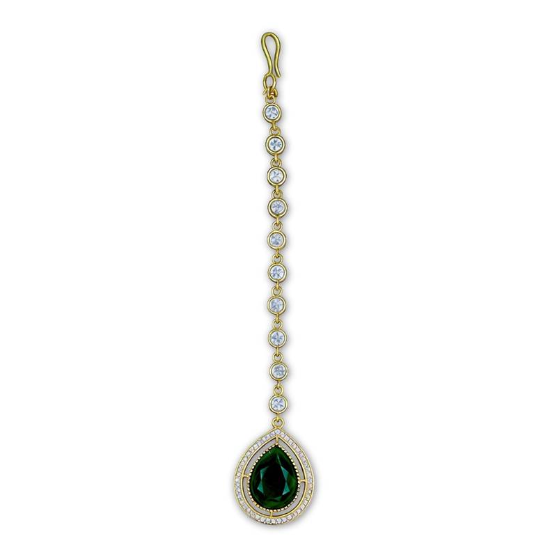 Green Stone Almond-Shaped Maang Tikka with CZ & Pearls