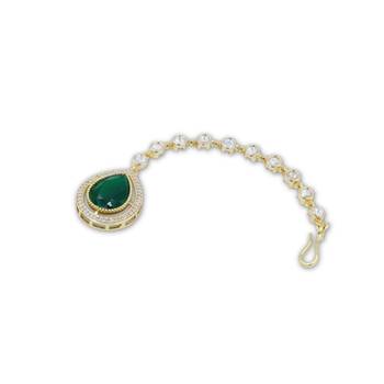 Green Stone Almond-Shaped Maang Tikka with CZ & Pearls 3