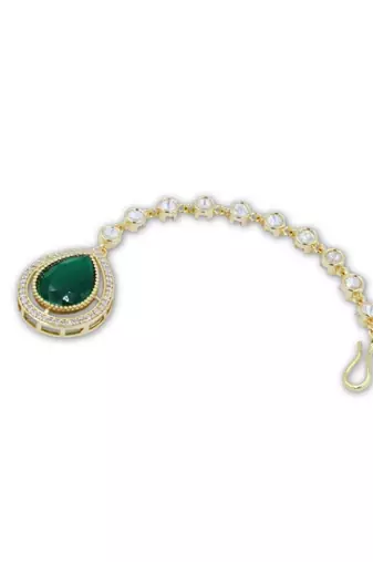 Green Stone Almond-Shaped Maang Tikka with CZ & Pearls