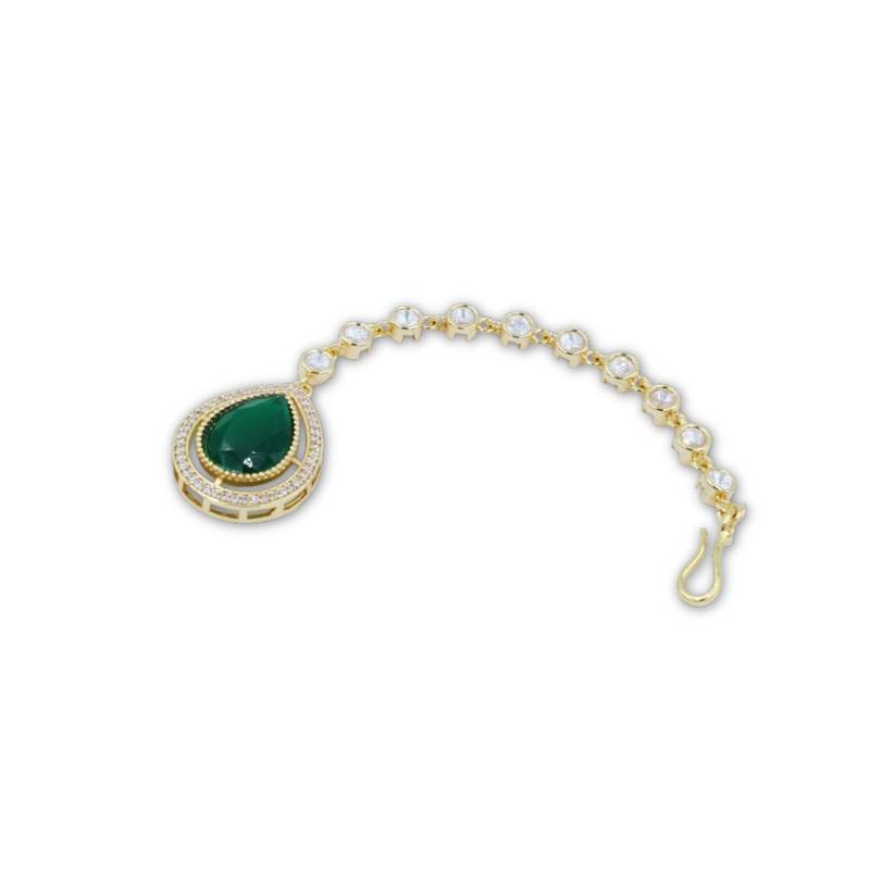 Green Stone Almond-Shaped Maang Tikka with CZ & Pearls