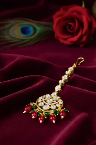 Moissanite Kundan Maangtikka with Green & Red Beads