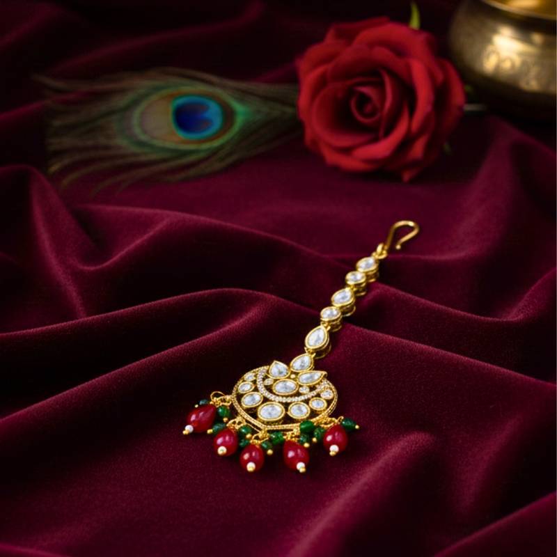 Moissanite Kundan Maangtikka with Green & Red Beads