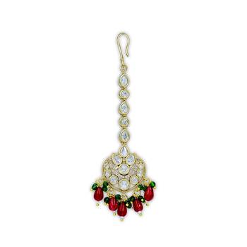 Moissanite Kundan Maangtikka with Green & Red Beads 3