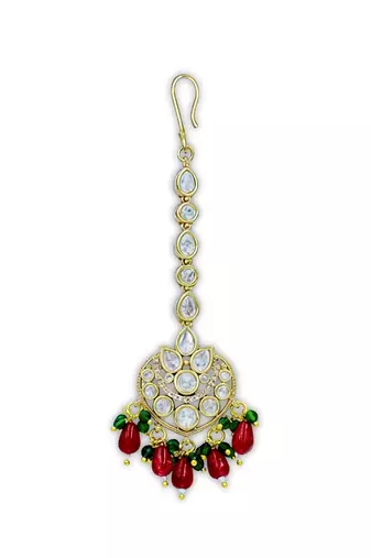 Moissanite Kundan Maangtikka with Green & Red Beads