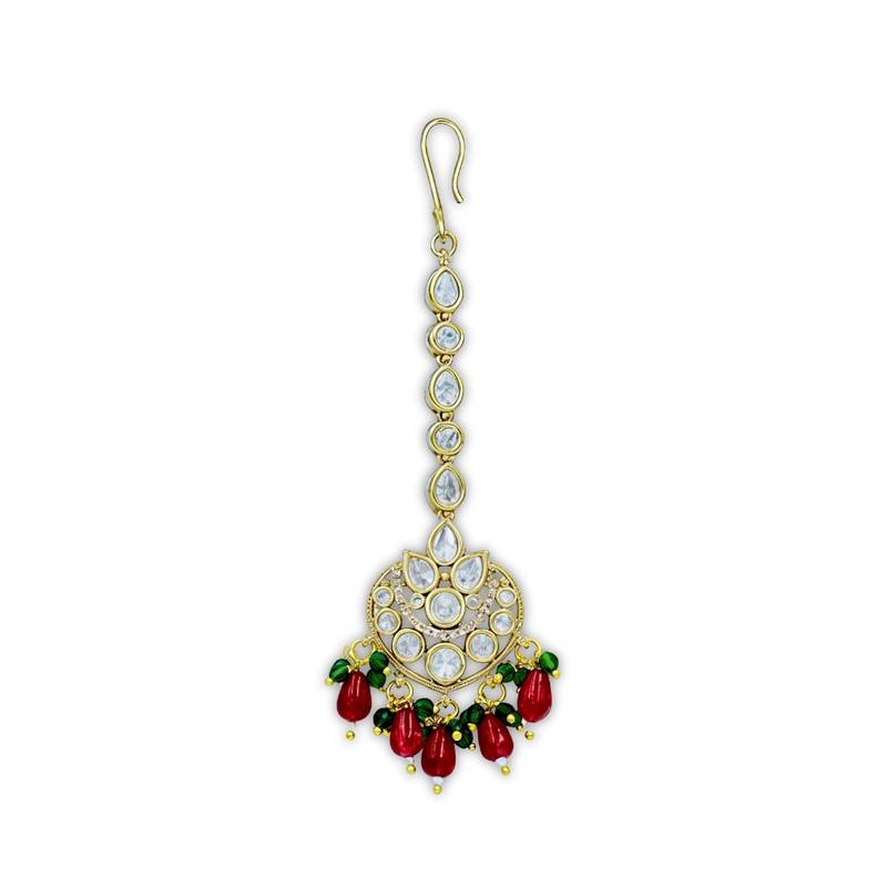 Moissanite Kundan Maangtikka with Green & Red Beads