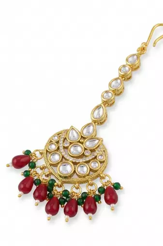 Moissanite Kundan Maangtikka with Green & Red Beads